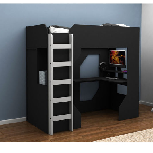 Gaming High Sleeper with Desk, Drawers and Shelves, Black