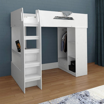 High Sleeper Bed, with Desk, Storage and Hanging Area, White